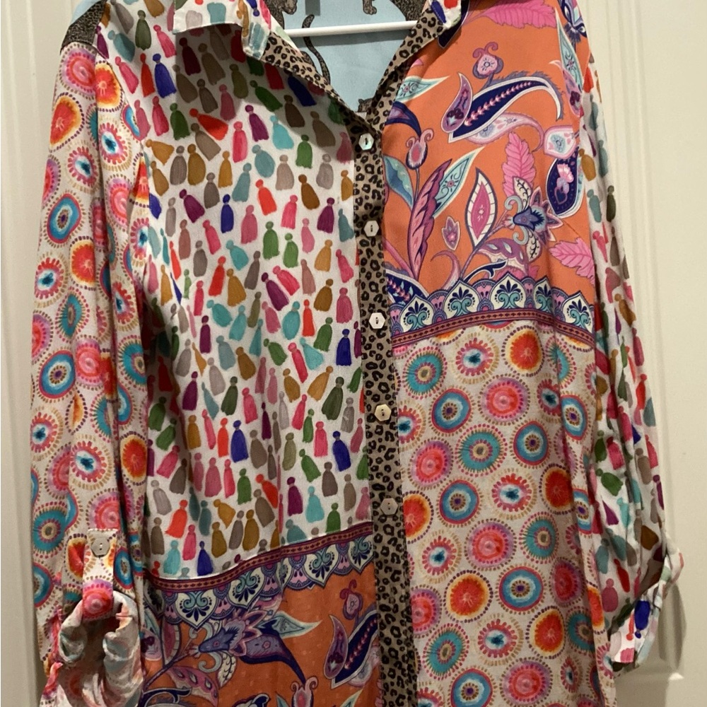Colorful Patchwork Boho Button-Up Blouse - Multicolor